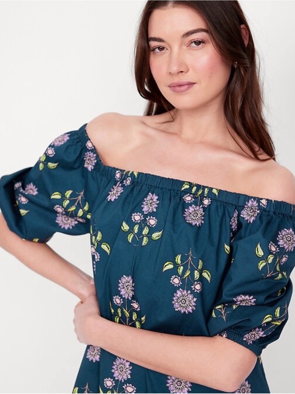 Off-Shoulder Floral Top in Teal with Lavender Blooms